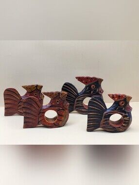 Vintage Wooden Rooster Napkin Rings Set of 4 Hand Painted Carved Folk Art